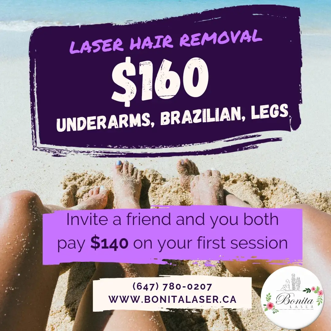 Laser hair removal promo: $160 for Underarms, Brazilian, and Legs treatments at Bonita Laser with referral discount.