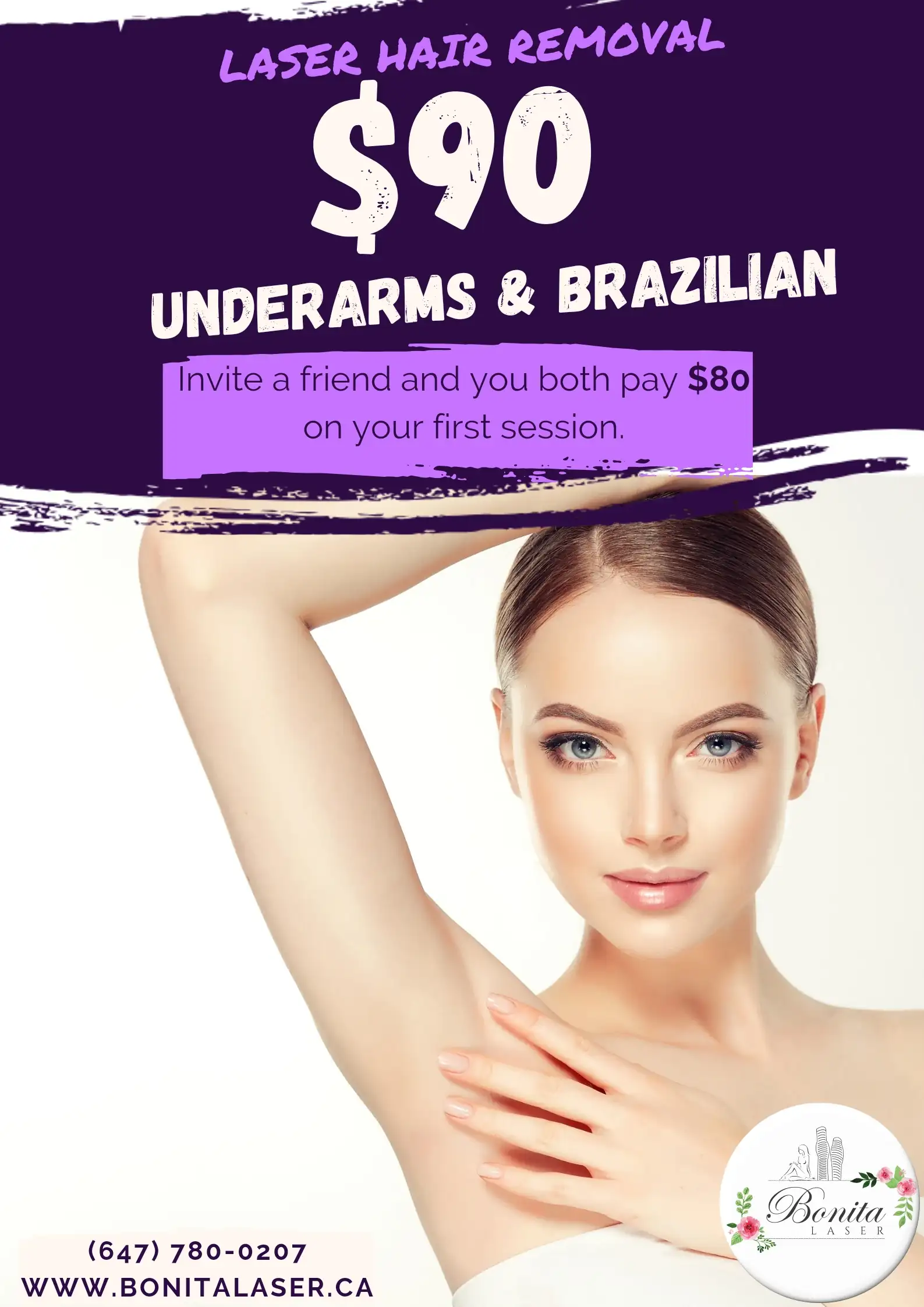 Laser hair removal promo: $90 for Underarms and Brazilian treatments at Bonita Laser, including a referral discount.
