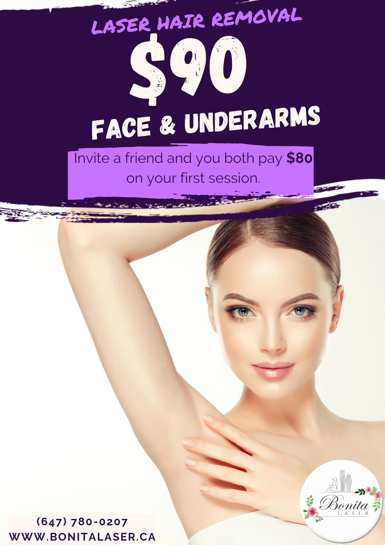 Laser hair removal promo: $90 for Face and Underarms treatments at Bonita Laser, including a discount for referrals.
